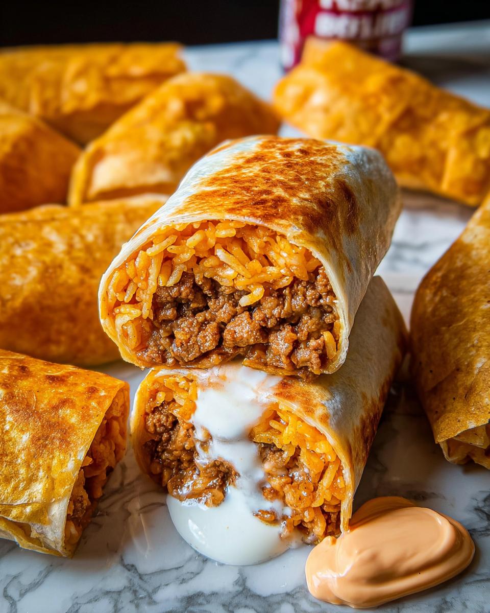 Close-up of a crispy ground beef burrito cut in half, revealing juicy ground beef and rice filling, drizzled with sauce.