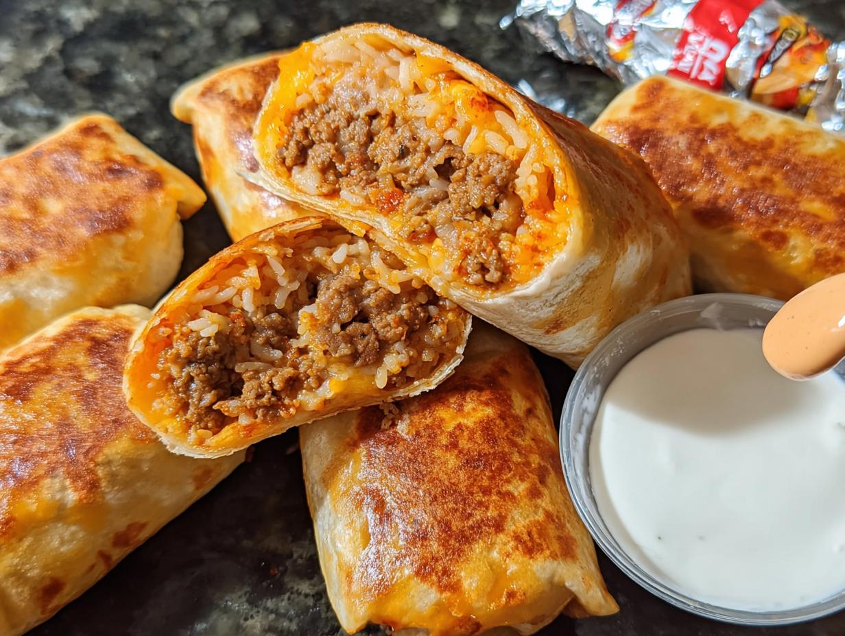 Close-up of crispy ground beef burritos, one cut in half to reveal juicy filling of seasoned ground beef and rice.