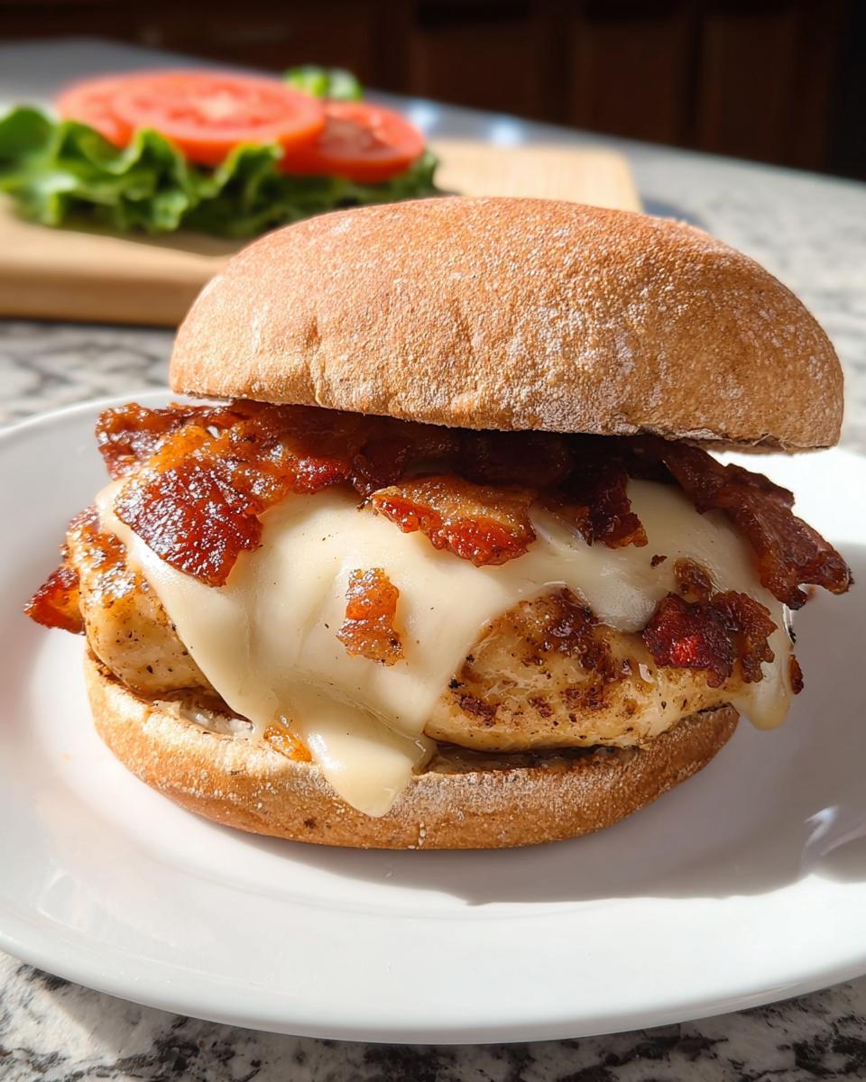 A close-up of a crispy juicy chicken burger with melted cheese and bacon, part of the best dinner ideas 2025.