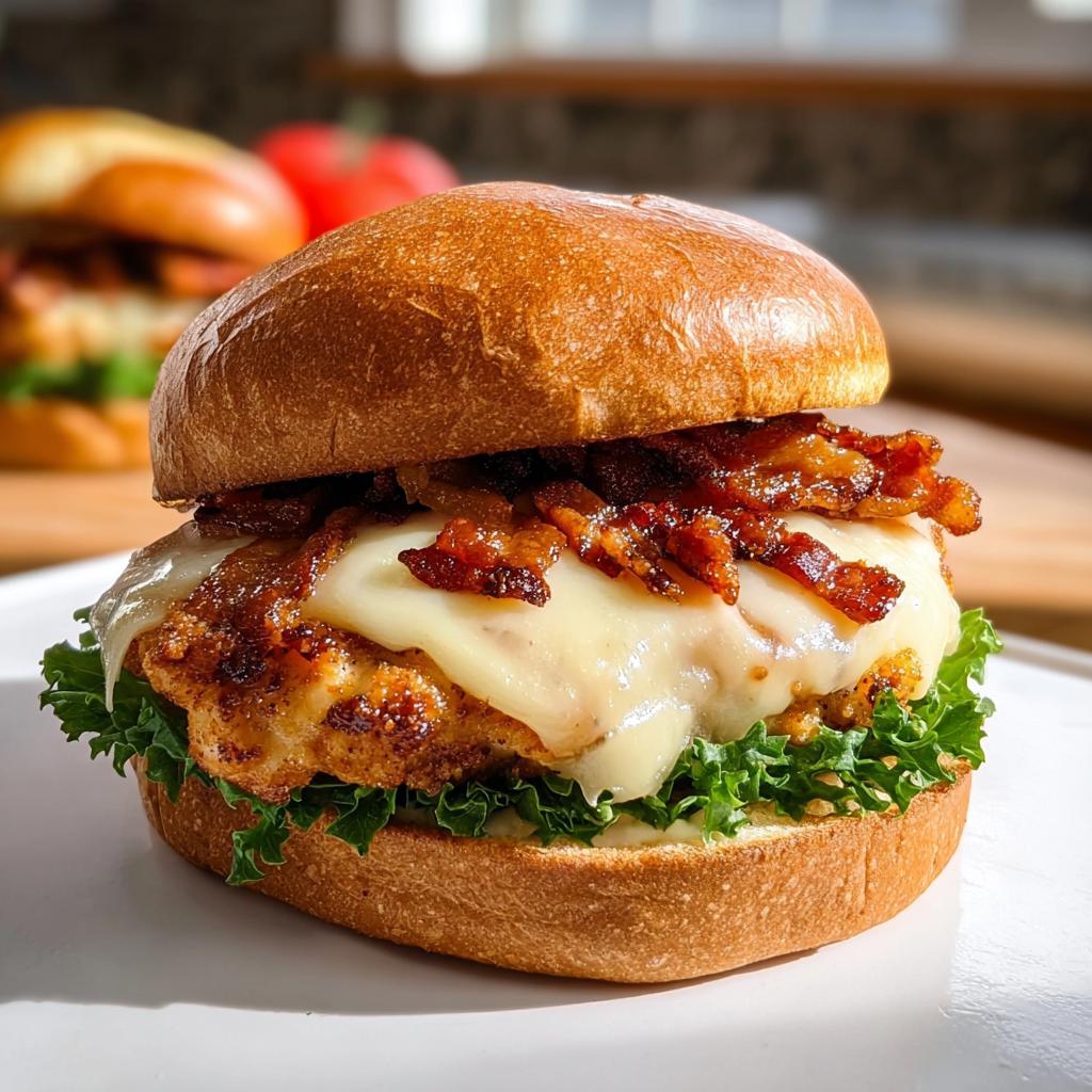 A close-up of a crispy juicy chicken burger with melted cheese, bacon, and lettuce on a bun, part of best dinner ideas 2025.