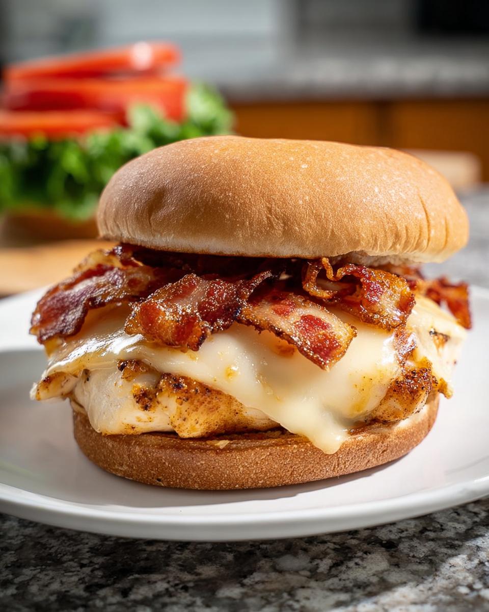 A close-up of a crispy juicy chicken sandwich with melted cheese and bacon on a bun, part of the Best Dinner Ideas 2025.
