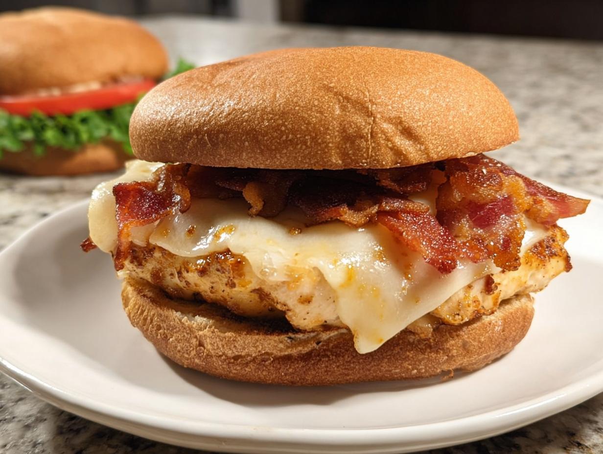 A delicious crispy juicy chicken sandwich with melted cheese and bacon on a bun, part of the best dinner ideas for 2025.