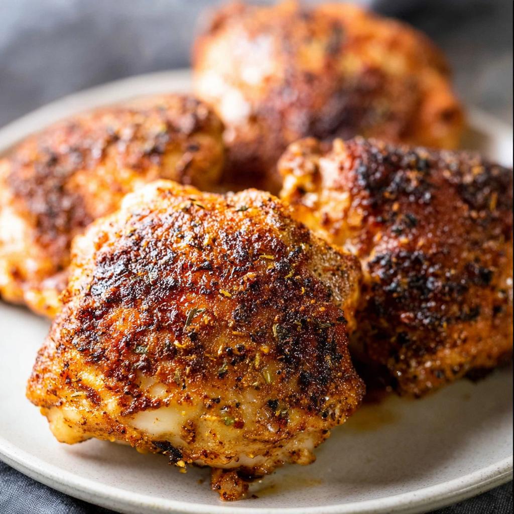 Close-up of four perfectly cooked, juicy crispy chicken thighs with a seasoned, browned skin.