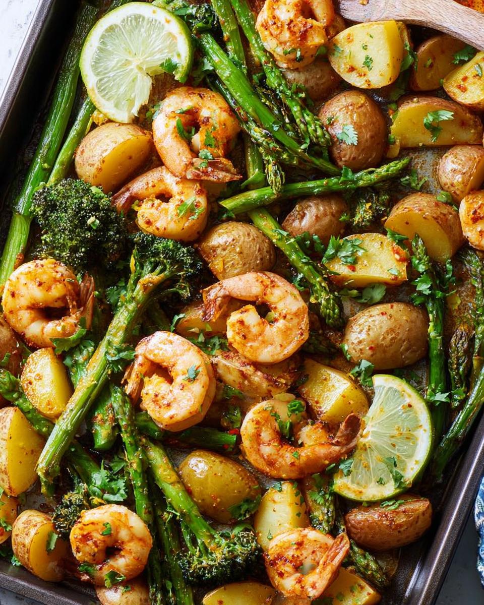 Close-up of a sheet pan dinner with crispy shrimp, roasted potatoes, asparagus, and broccoli, garnished with lemon and parsley.