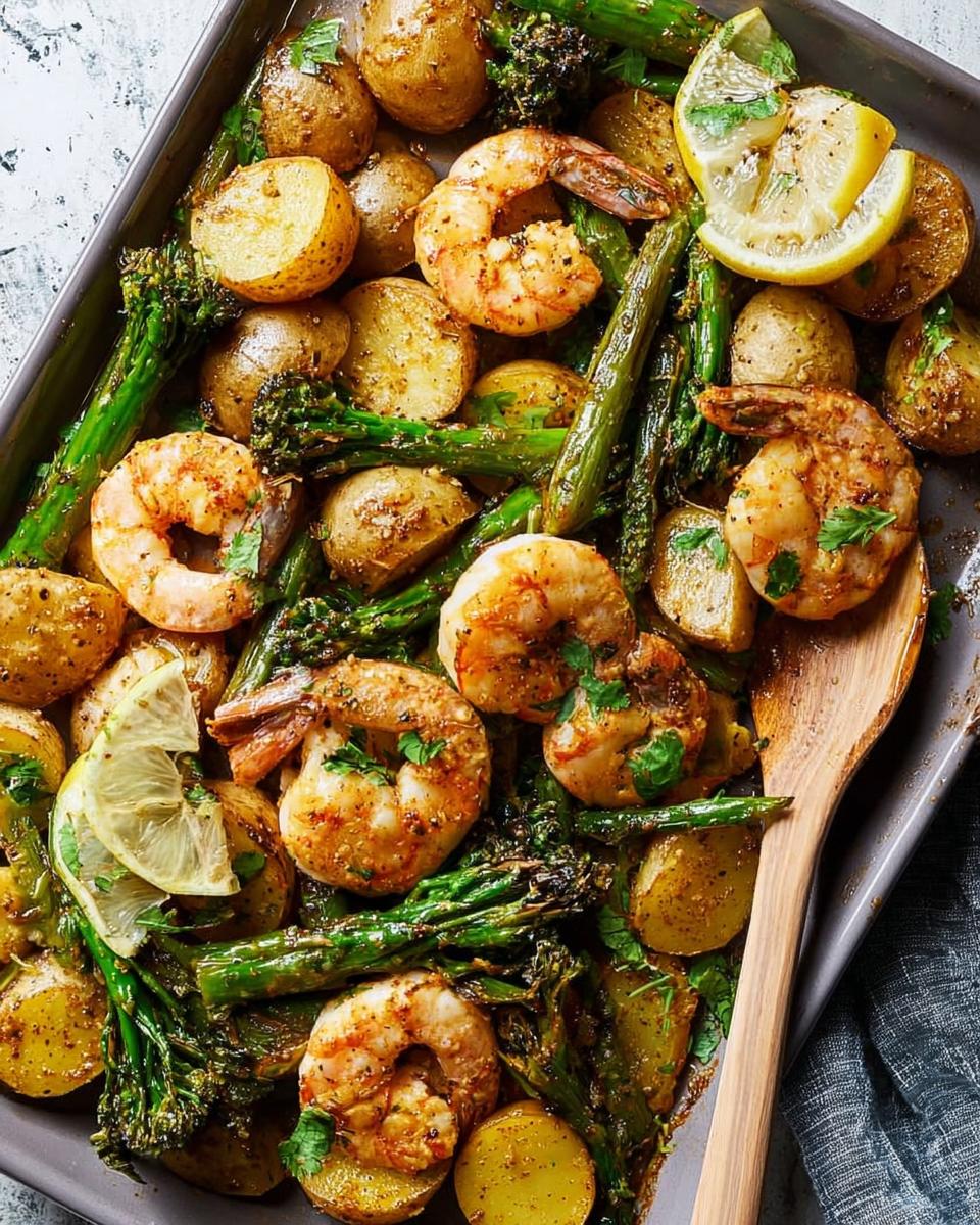Crispy outside, juicy inside shrimp recipe with roasted potatoes and asparagus on a baking sheet.