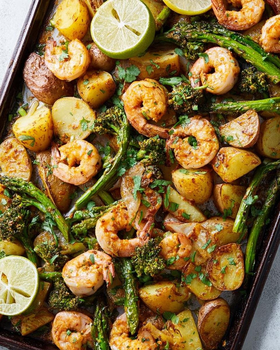 Sheet pan dinner with crispy shrimp, roasted potatoes, and asparagus, a perfect example of easy dinner recipes.