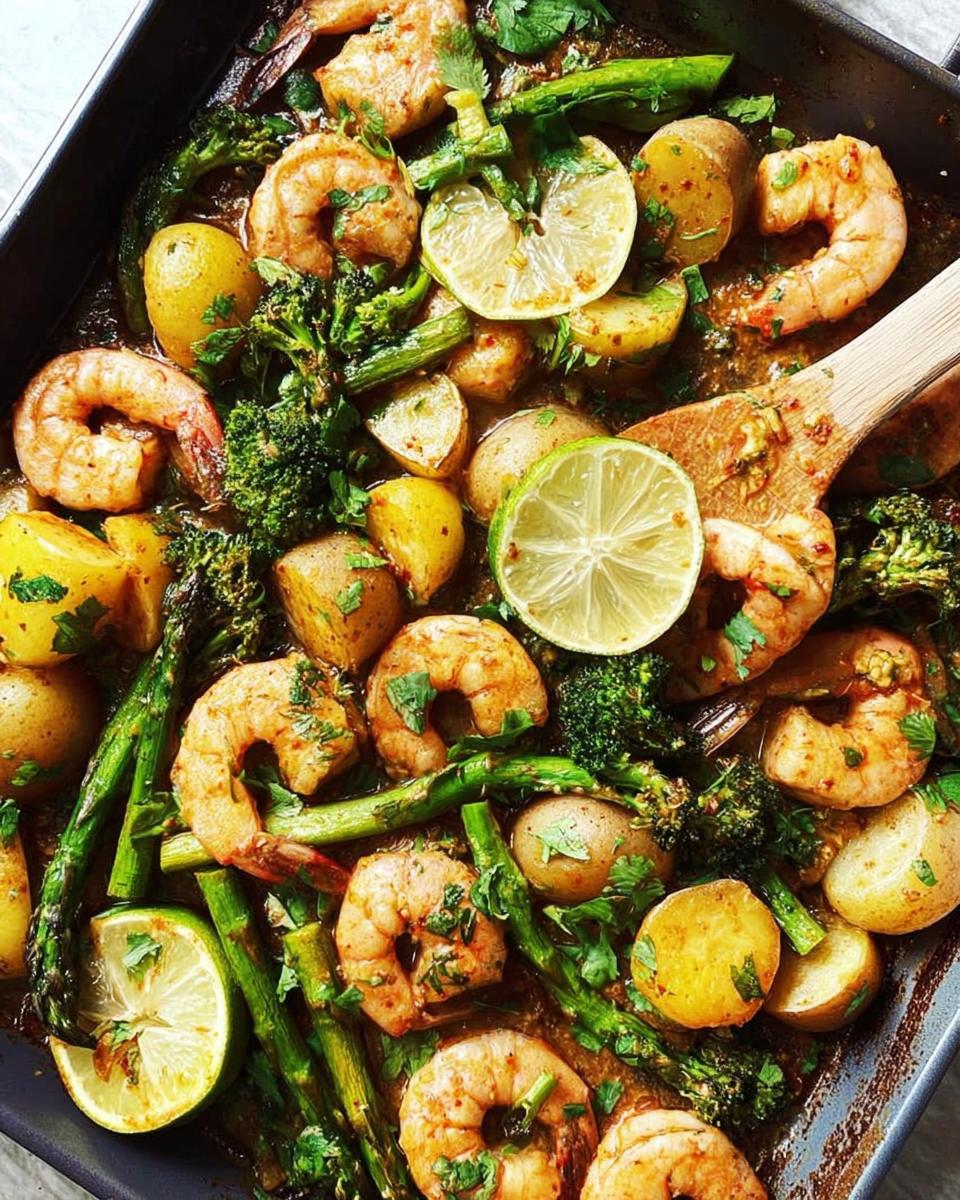 Close-up of a sheet pan dinner with crispy & juicy shrimp, baby potatoes, asparagus, broccoli, and lime slices.