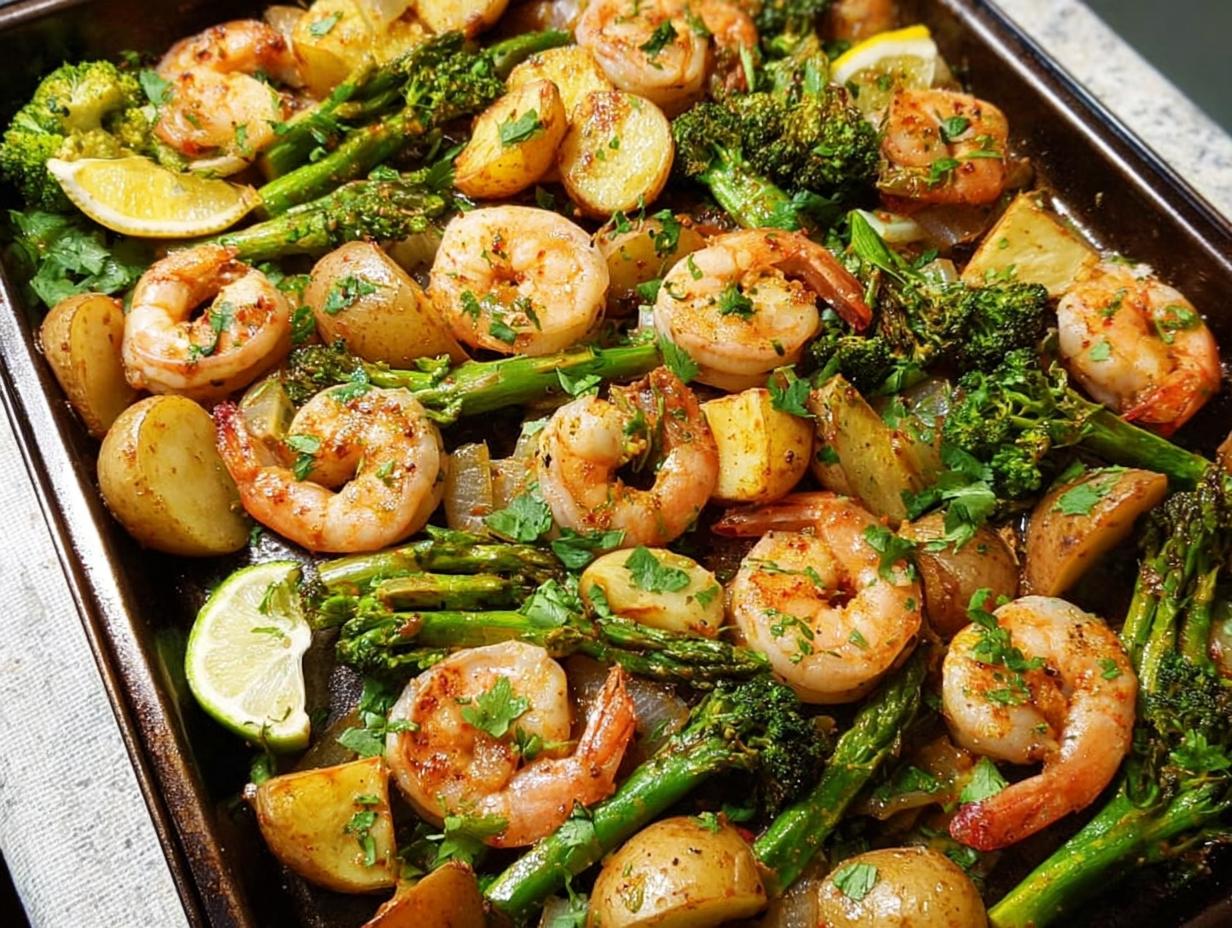 A close-up of a sheet pan filled with crispy, juicy shrimp, roasted potatoes, and broccoli, seasoned and garnished with parsley.