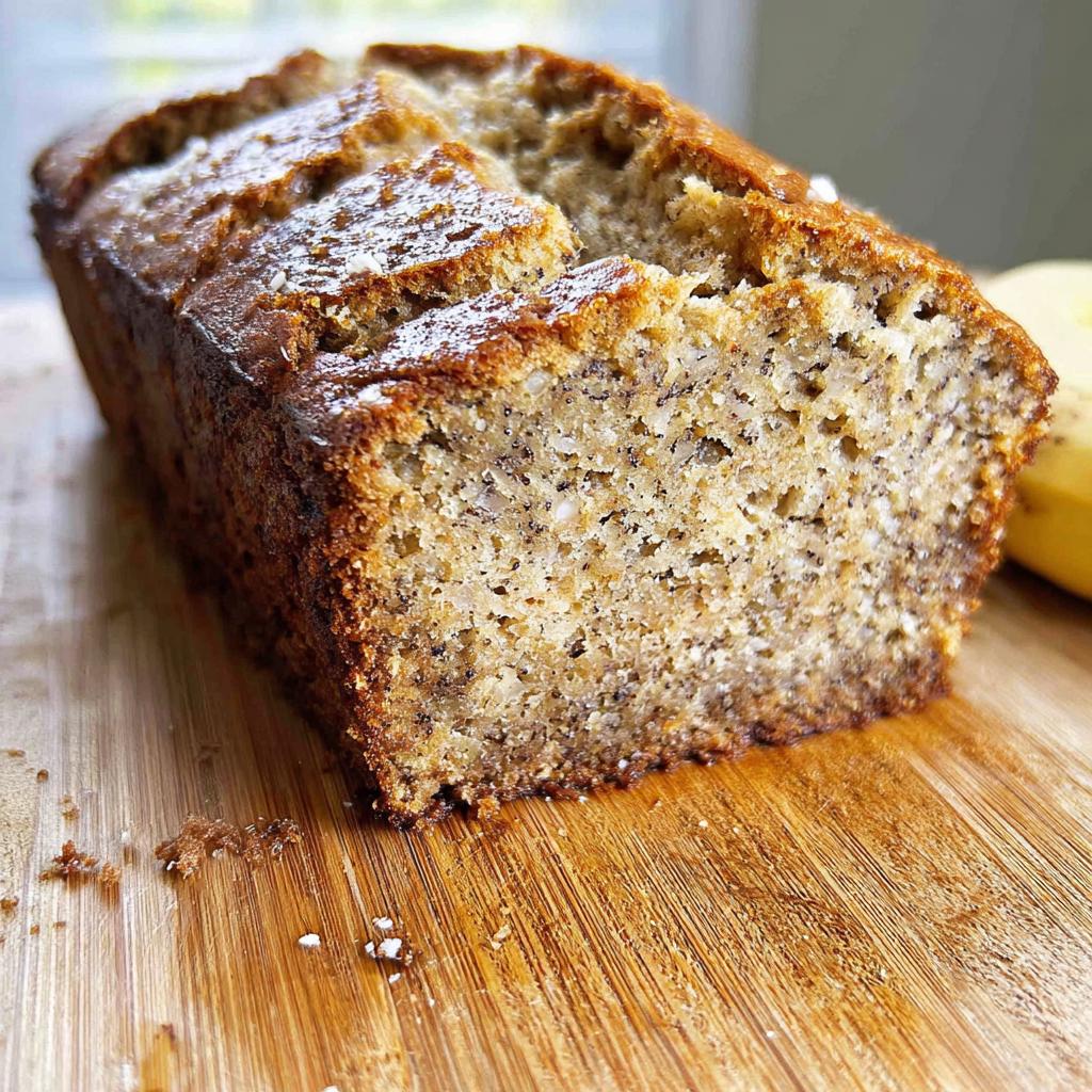 A close-up of a slice of crispy and moist best banana bread 2025 on a wooden cutting board.