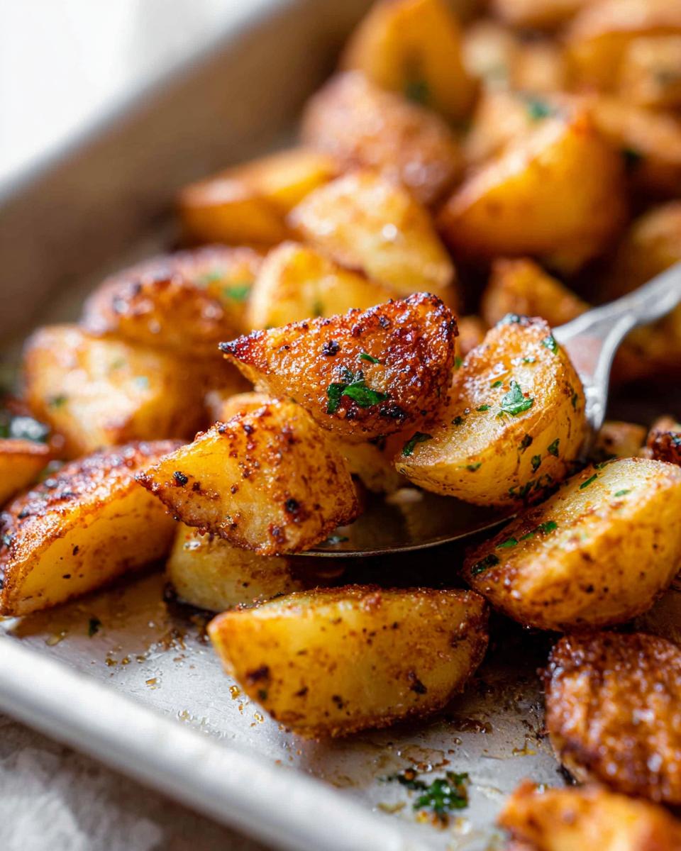 Close-up of golden brown, seasoned Crispy Roasted Potatoes being scooped from a metal baking sheet with a spoon.