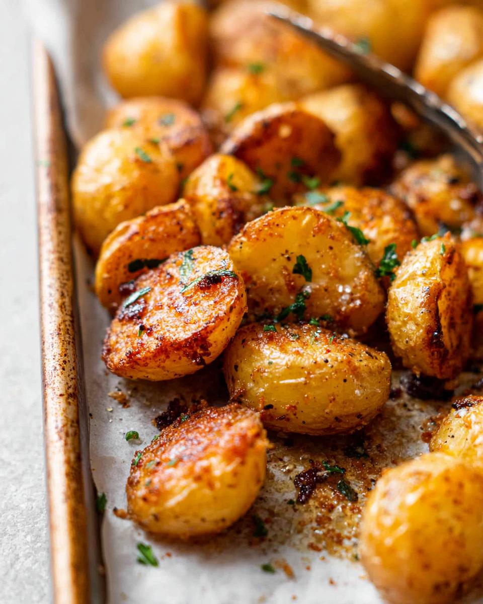 Close-up of golden brown, perfectly Crispy Roasted Potatoes seasoned with herbs on a parchment-lined baking sheet.