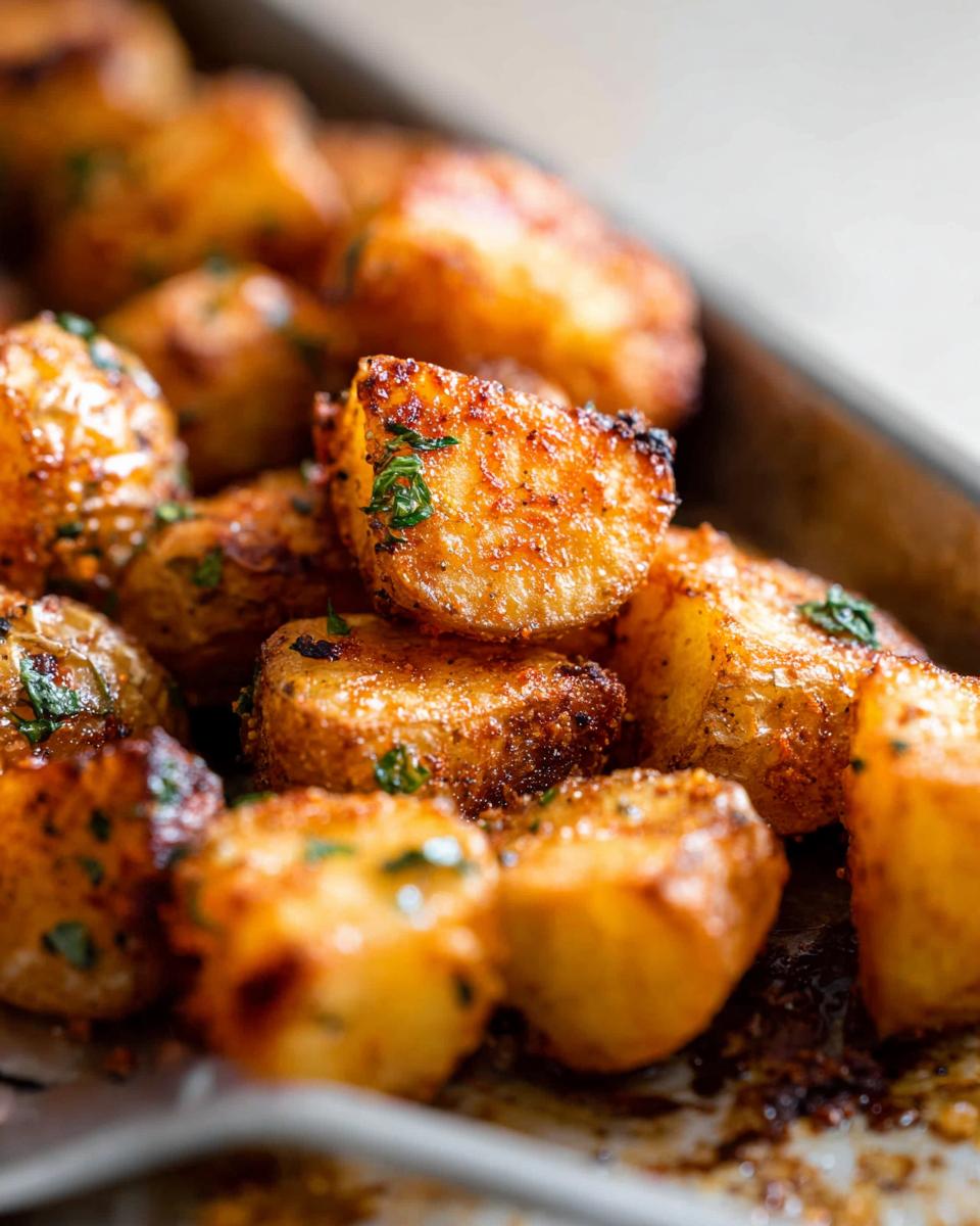 Close-up of golden brown, perfectly Crispy Roasted Potatoes seasoned with herbs on a baking sheet.