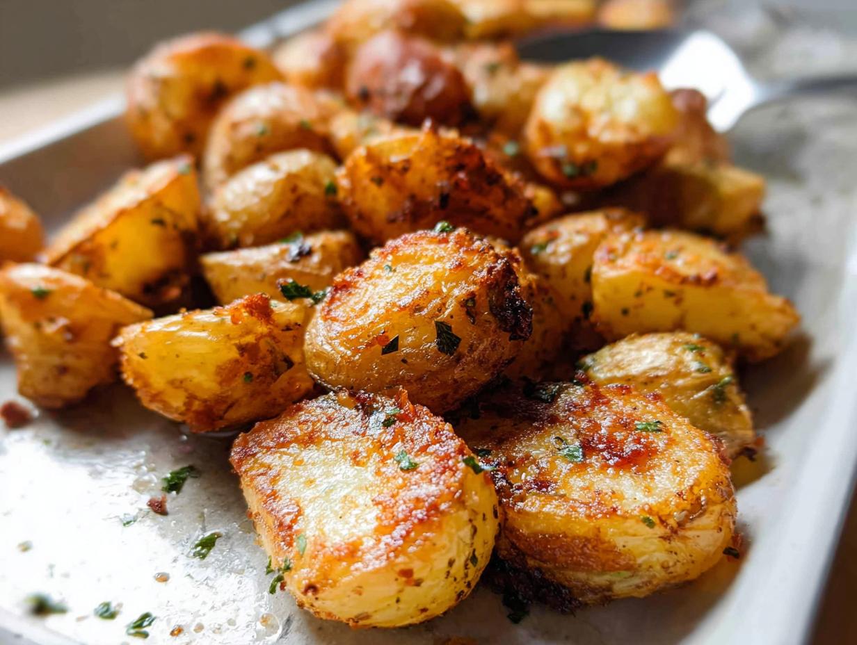 Close-up of golden brown, seasoned, and perfectly Crispy Roasted Potatoes garnished with parsley.