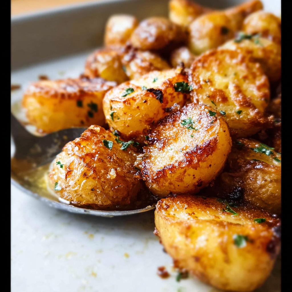 Close-up of golden brown, perfectly Crispy Roasted Potatoes garnished with fresh parsley.