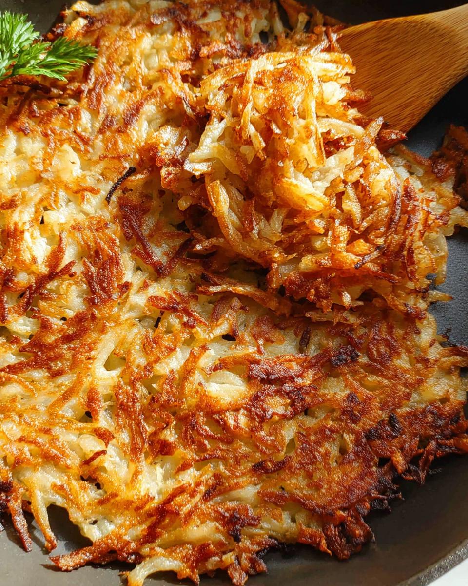 Close-up shot of golden brown and crispy skillet Hash Browns being lifted slightly by a wooden spatula.