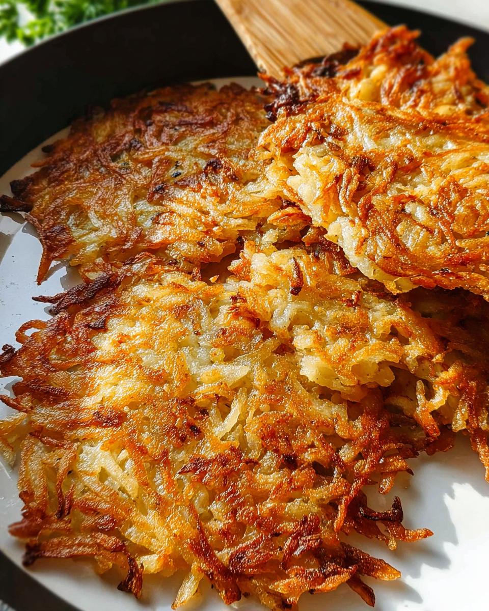 Close-up of golden brown, crispy skillet Hash Browns piled on a white plate.