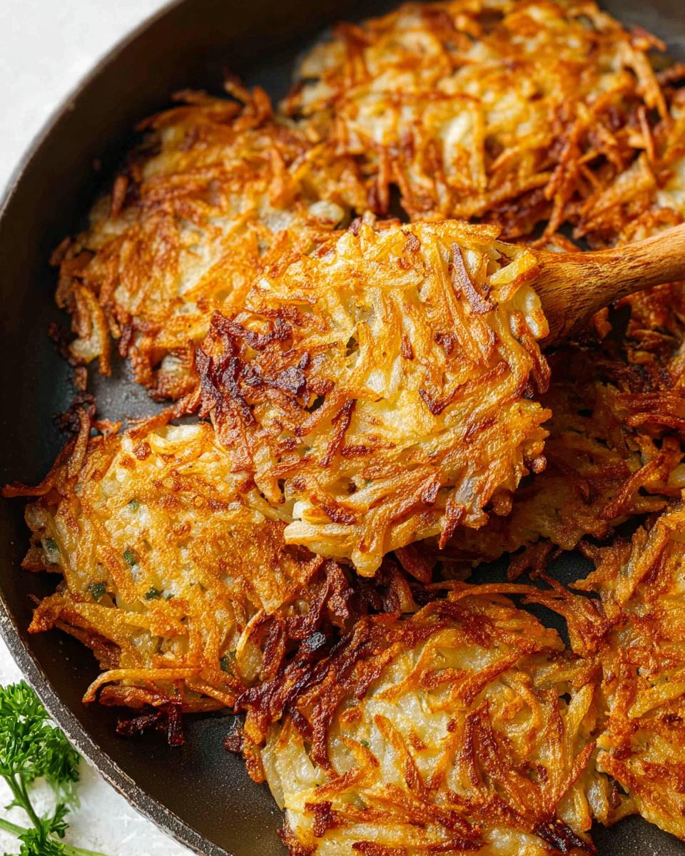 Close-up of golden brown, crispy skillet Hash Browns being lifted from a dark pan with a wooden spatula.
