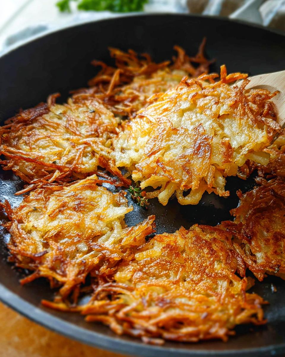 Golden brown, crispy skillet Hash Browns being lifted slightly with a wooden spatula in a dark cast iron pan.