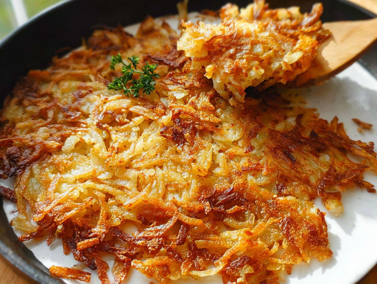A close-up of perfectly golden brown, crispy skillet Hash Browns being lifted with a wooden spatula.