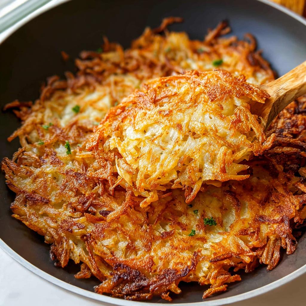 Close-up of golden brown, crispy skillet Hash Browns being lifted out of a dark pan with a wooden spoon.