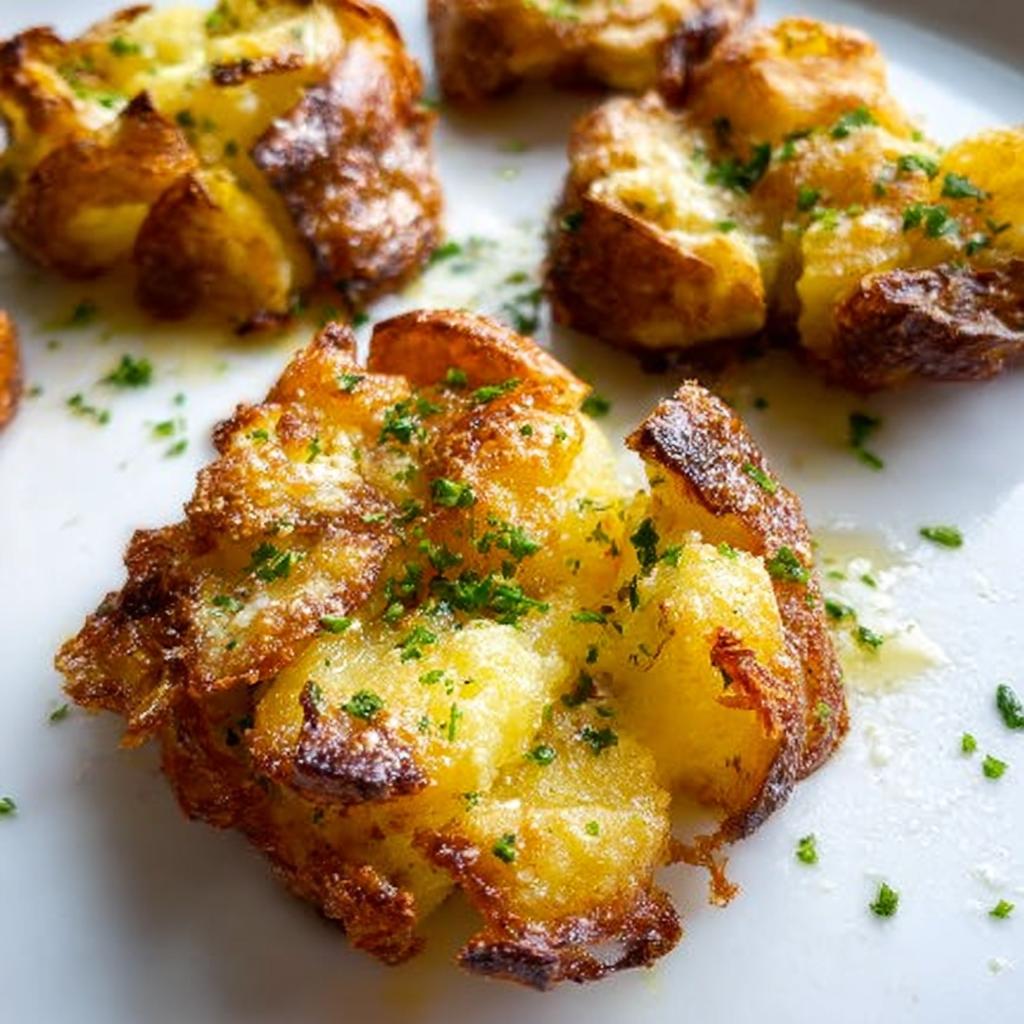 Close-up of golden brown, crispy smash potatoes sprinkled with fresh parsley.