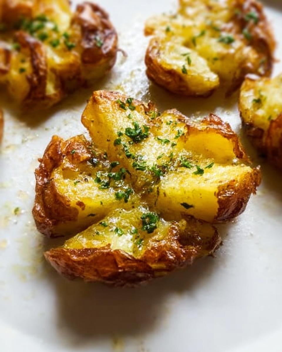 Close-up of golden brown, crispy smash potatoes seasoned and topped with fresh chopped parsley.