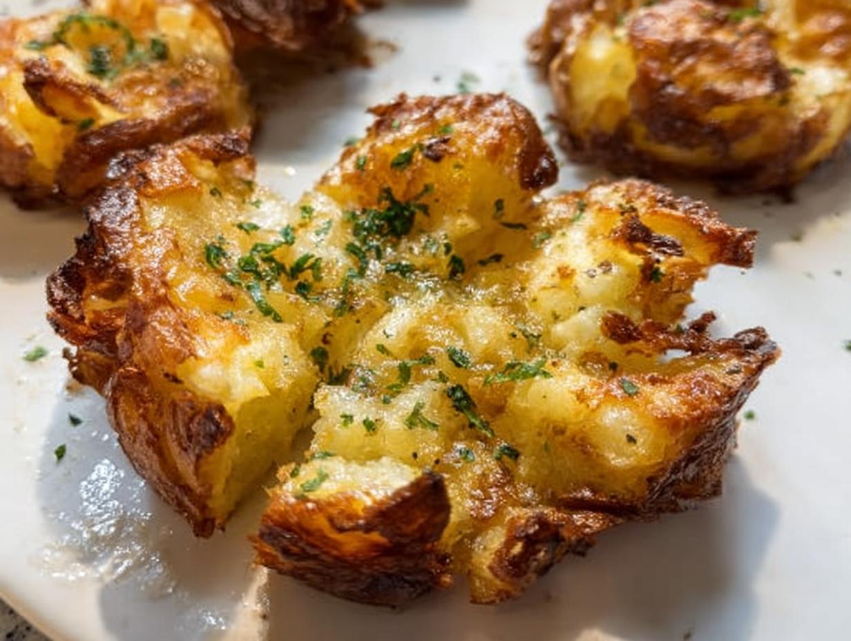 Close-up of a golden brown, crispy smash potatoes, sprinkled with fresh parsley.