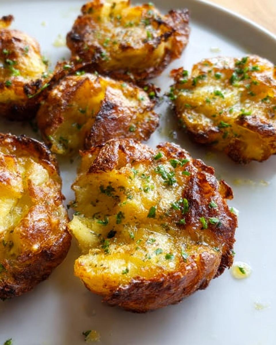 Close-up of several perfectly golden and crispy smash potatoes, seasoned with melted butter and fresh parsley.