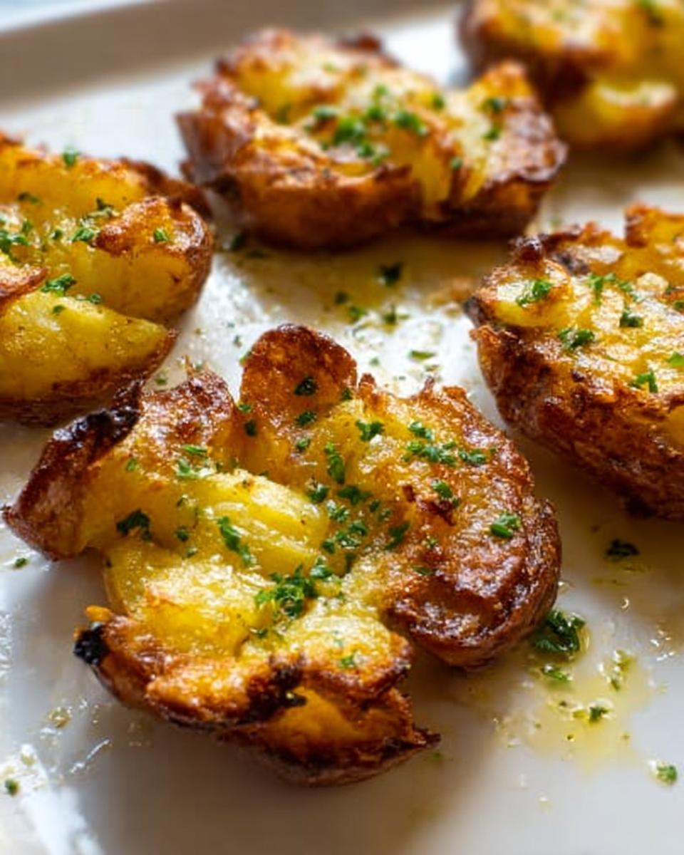 Close-up of golden brown, crispy smash potatoes sprinkled with fresh green herbs on a white baking sheet.