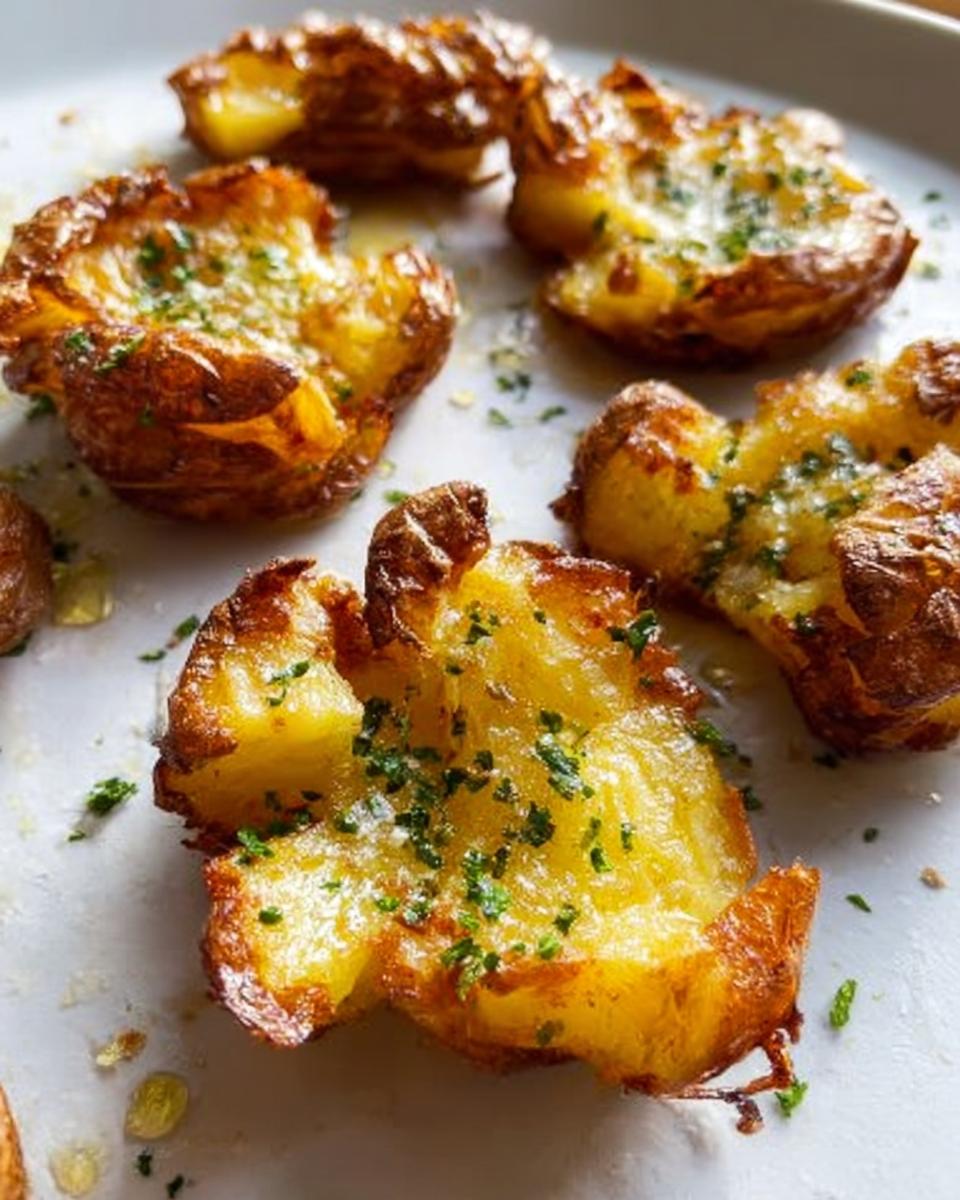 Close-up of golden brown, crispy smash potatoes seasoned with chopped green herbs.