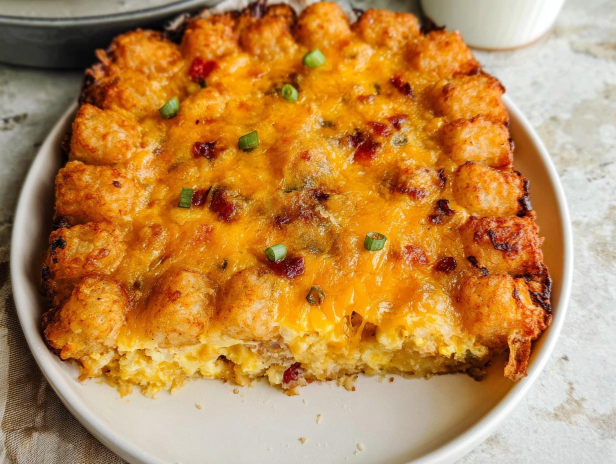 A close-up of a square serving of Tater Tot Breakfast Casserole with a crispy tater tot crust and melted cheddar cheese.