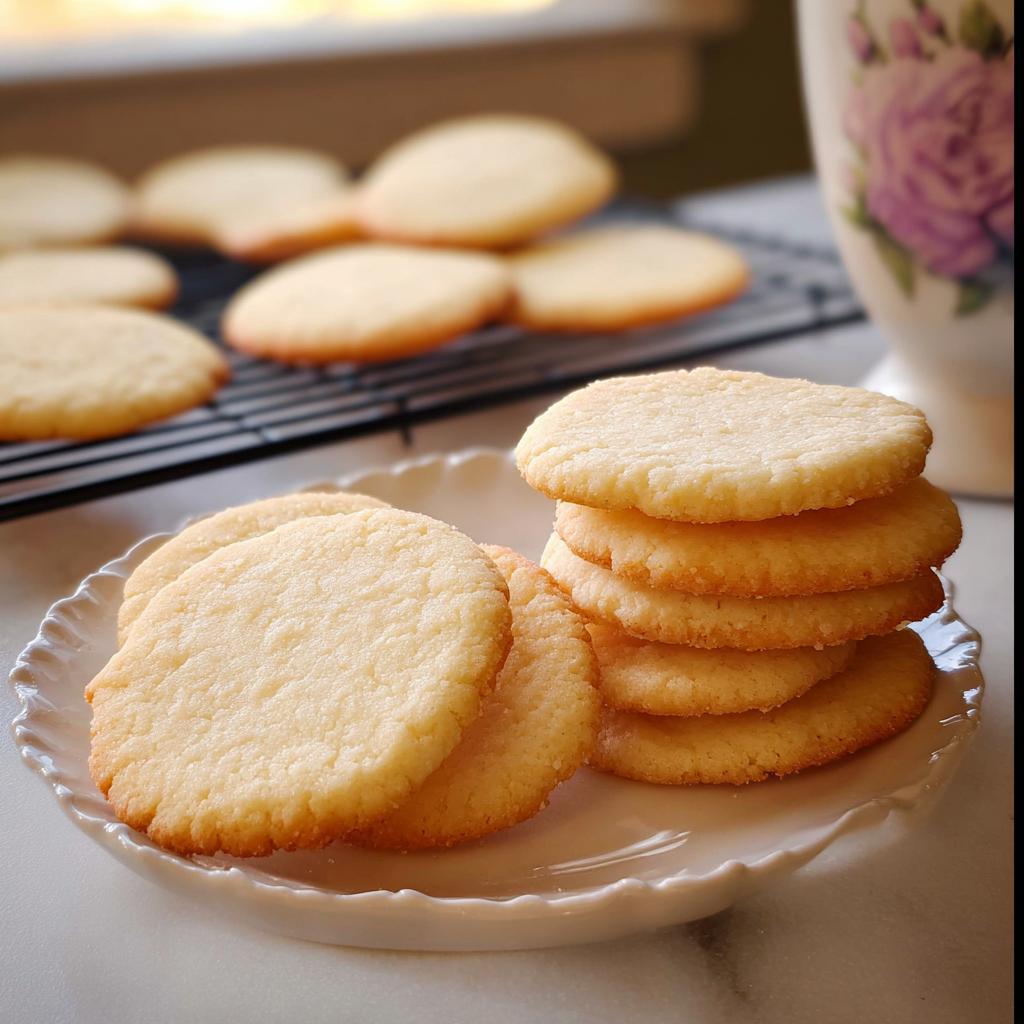 A stack and pile of golden brown Cutout Sugar Cookies resting on a white, scalloped plate.
