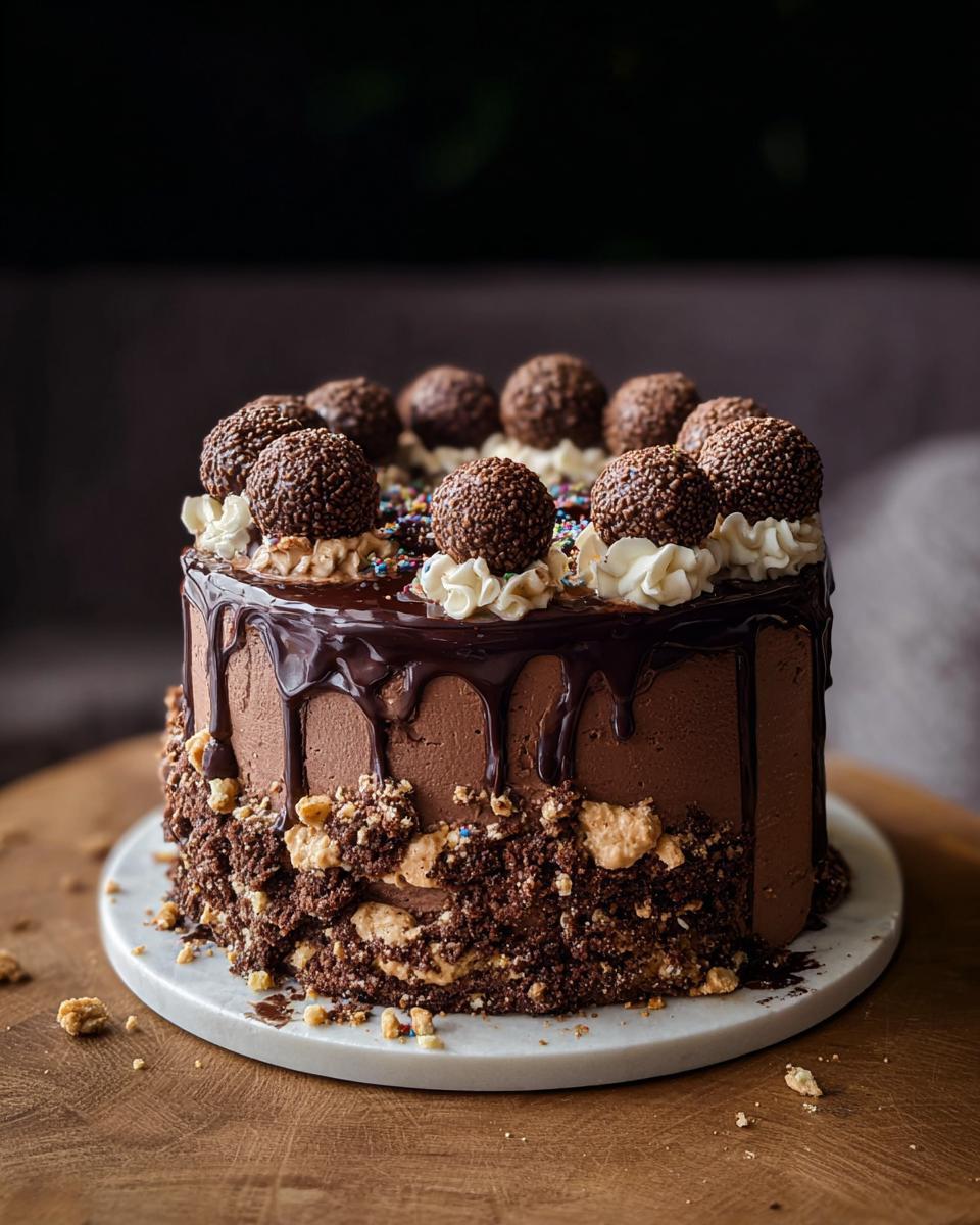 A rich, tall Dark Chocolate Truffle Cake covered in chocolate frosting, ganache drip, and topped with chocolate truffles.