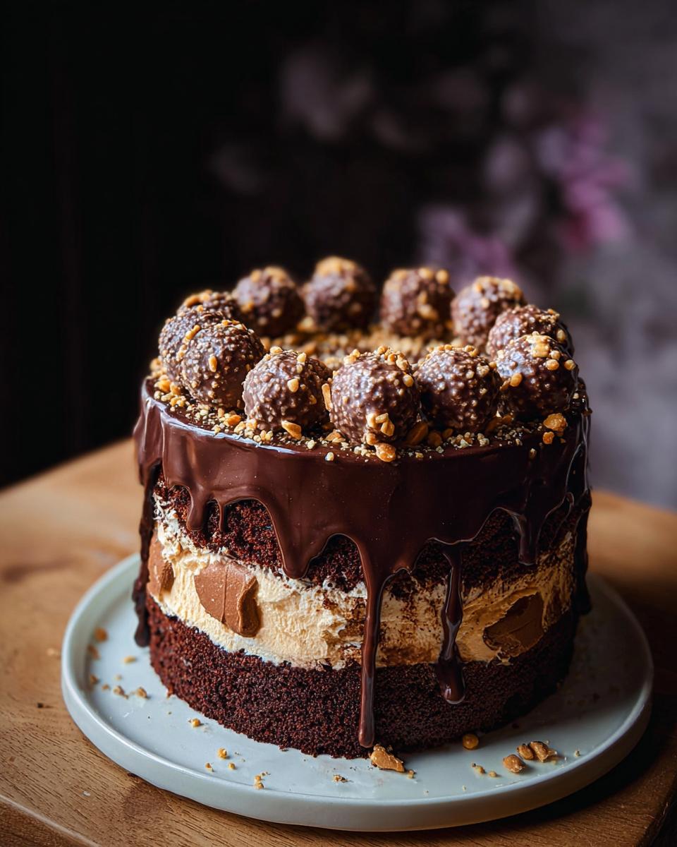 A rich, layered Dark Chocolate Truffle Cake featuring ganache drip and topped with chocolate hazelnut truffles.