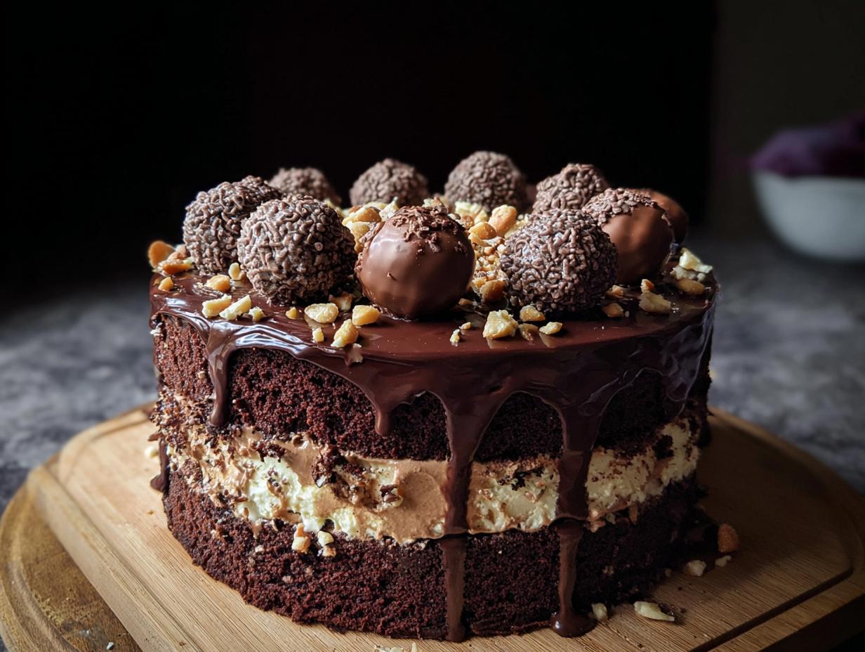 A rich, multi-layered Dark Chocolate Truffle Cake topped with chocolate truffles and chopped nuts.