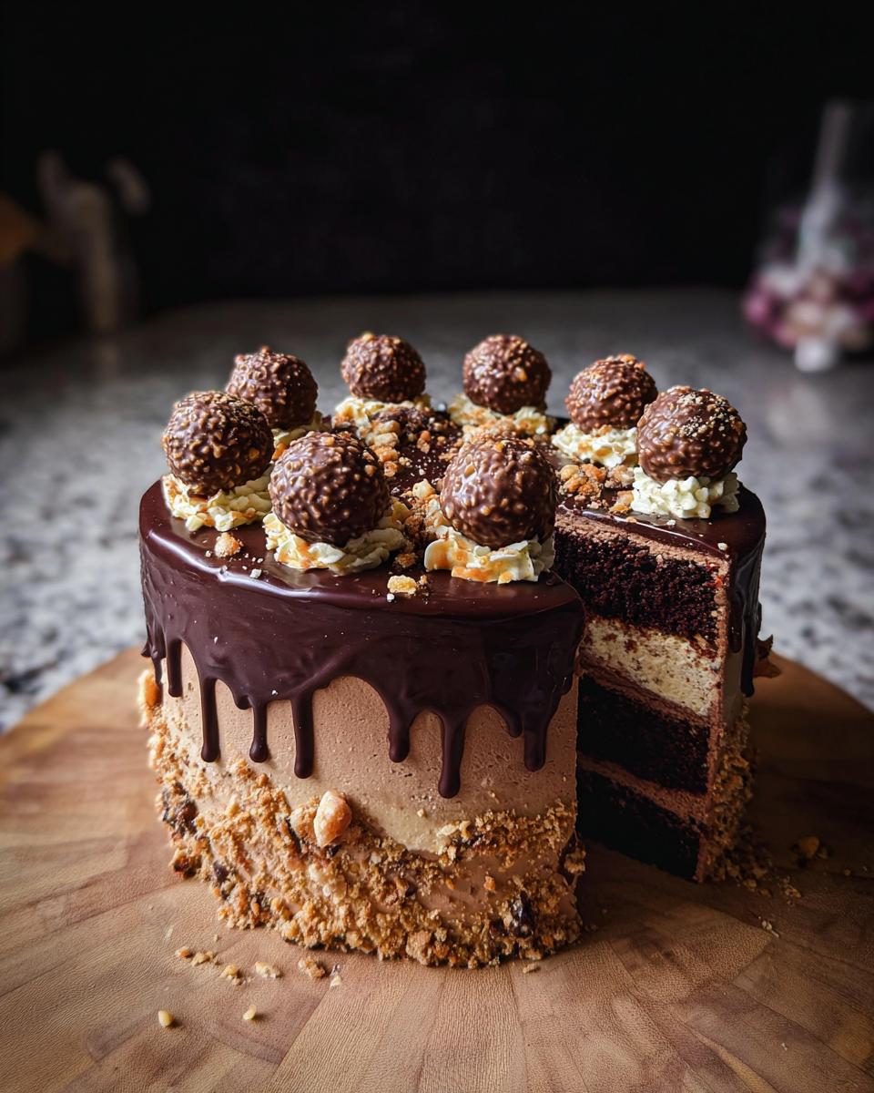 A decadent Dark Chocolate Truffle Cake with a slice cut out, topped with chocolate ganache and hazelnut truffles.