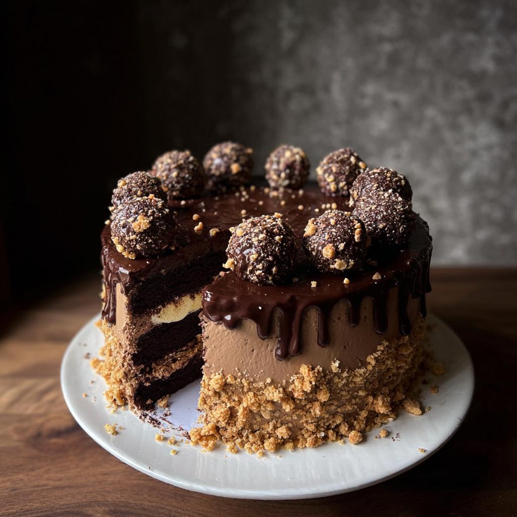 A decadent Dark Chocolate Truffle Cake with a slice removed, topped with chocolate ganache and hazelnut truffles.