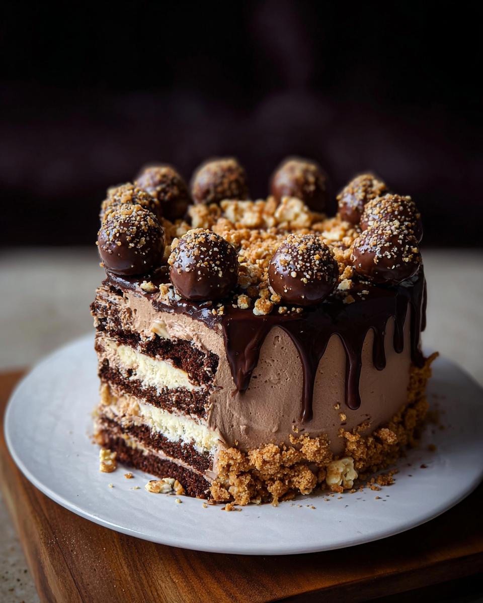 A decadent slice of Dark Chocolate Truffle Cake showing layers of dark cake and cream, topped with chocolate ganache drip and hazelnut truffles.
