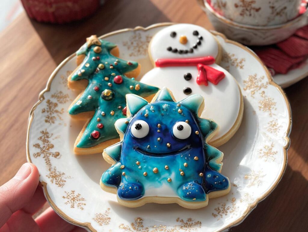 Three holiday cookies decorated with shiny Royal Icing for Decorated Cookies: a blue monster, a green Christmas tree, and a white snowman.