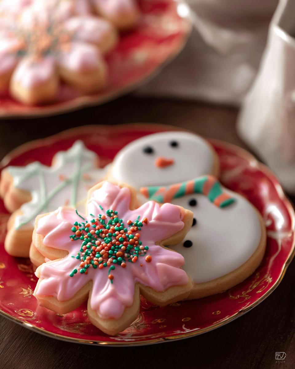 Close-up of holiday cookies decorated with smooth Royal Icing, featuring a pink flower shape topped with sprinkles.