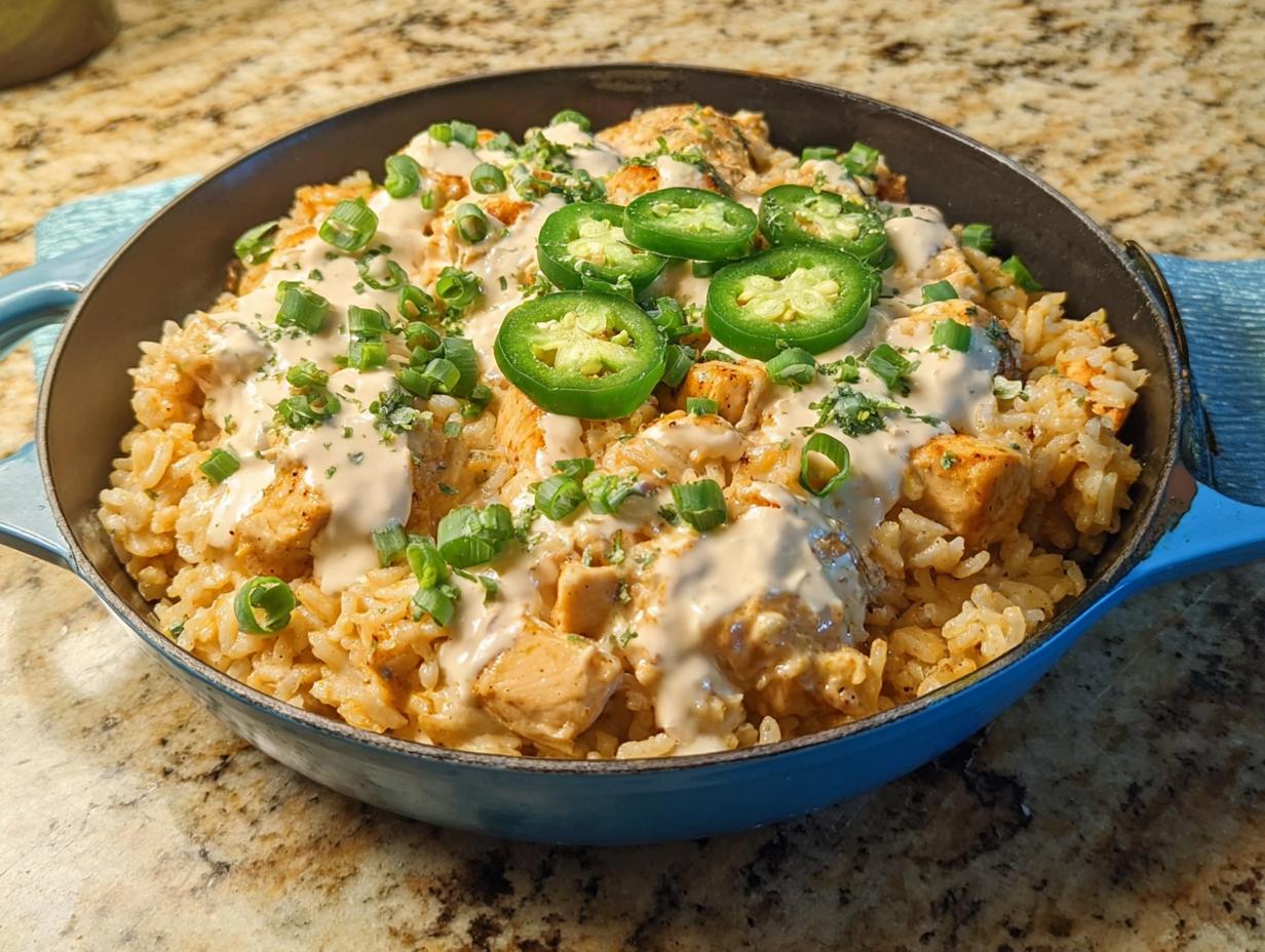 A skillet filled with a creamy chicken and rice dish, topped with jalapeños and green onions. This is a dinner recipe everyone asks for.