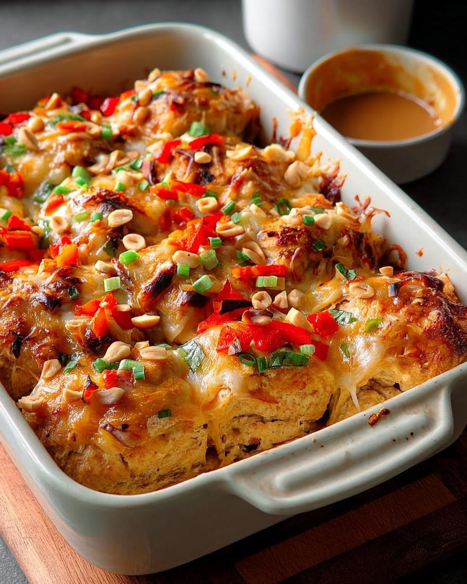 A baked casserole with melted cheese, red peppers, peanuts, and green onions, perfect for dinner recipes for busy weeknights.