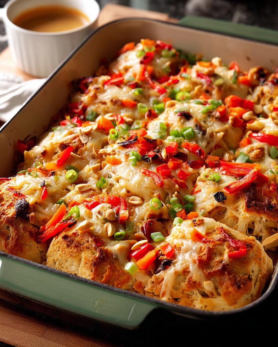 A baked casserole with melted cheese, red peppers, and green onions, perfect for dinner recipes for busy weeknights.