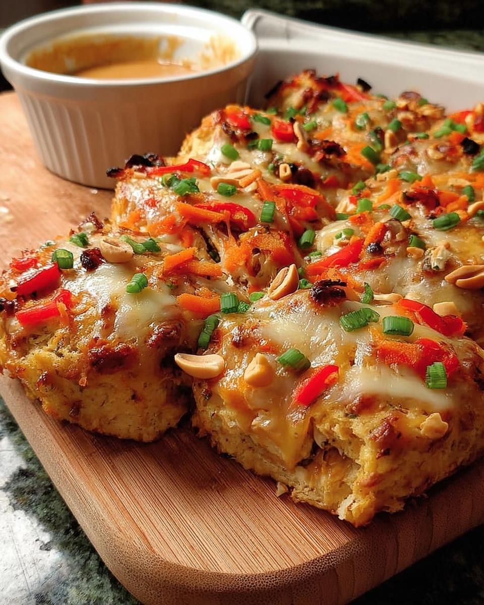 Close-up of a baked dish with melted cheese, shredded carrots, red peppers, peanuts, and green onions, perfect for busy weeknight dinner recipes.