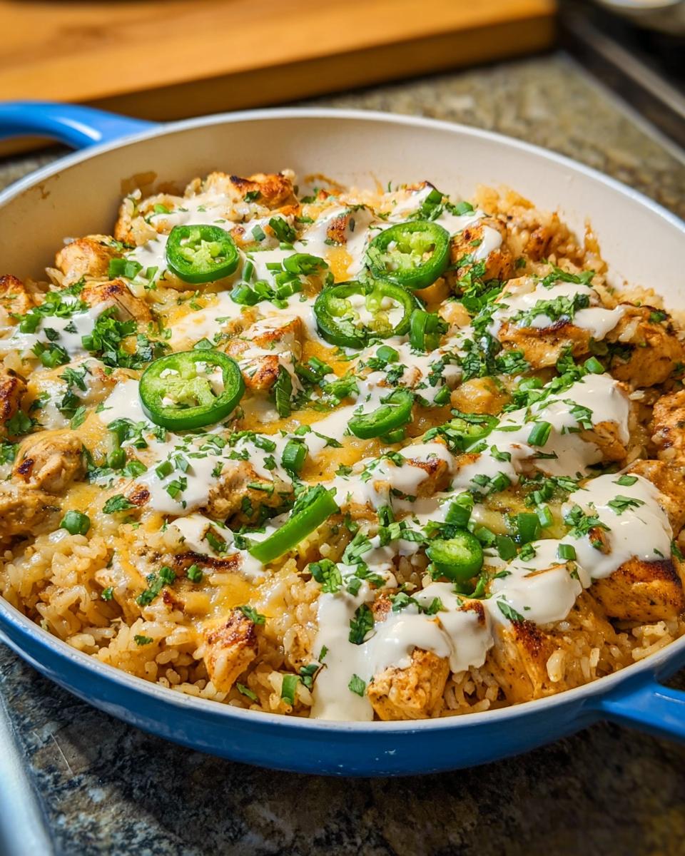 A delicious skillet of chicken and rice, topped with melted cheese, jalapeños, and a creamy sauce, perfect for dinner recipes.