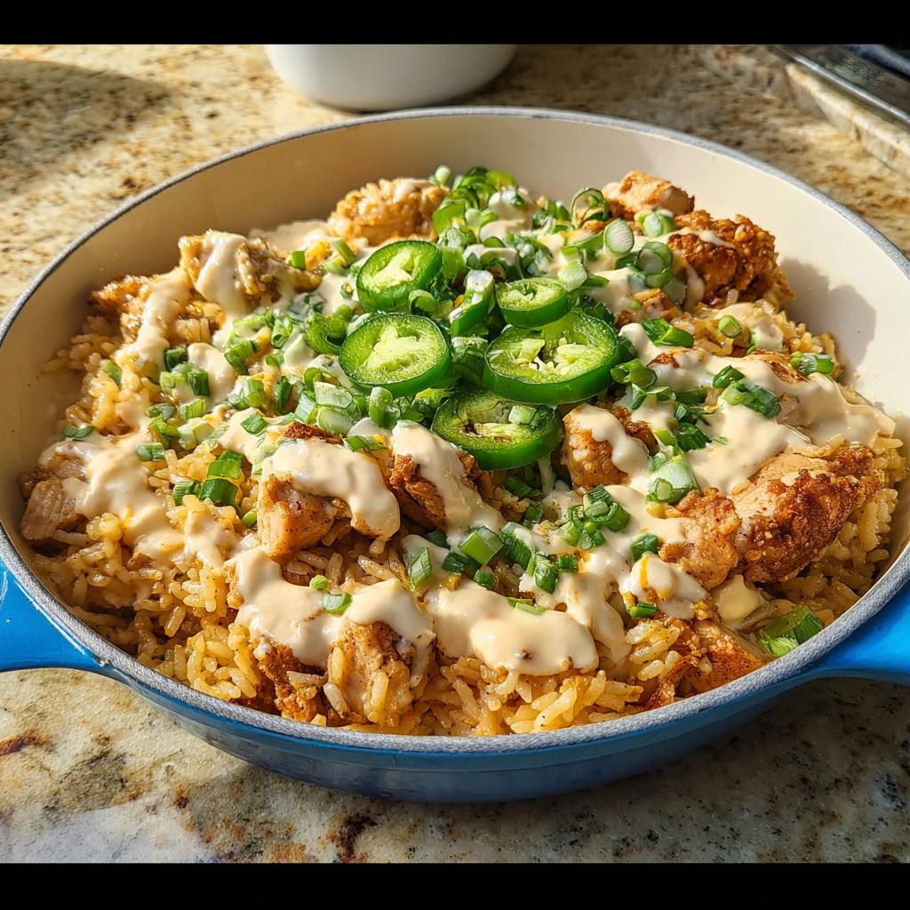 A delicious skillet filled with rice, topped with fried chicken pieces, jalapeños, and green onions. A perfect dinner recipe everyone asks for.