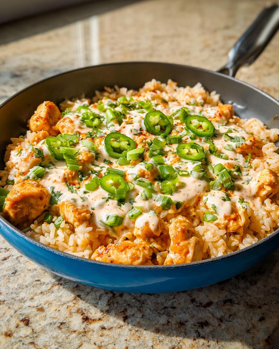 A close-up of a creamy chicken and rice dish, garnished with jalapeños and green onions, perfect for dinner recipes everyone asks for.