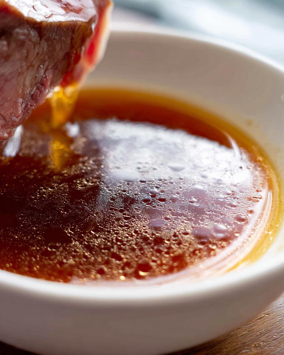 Close-up of a piece of meat being dipped into a small white bowl of rich, brown Homemade Au Jus without drippings.