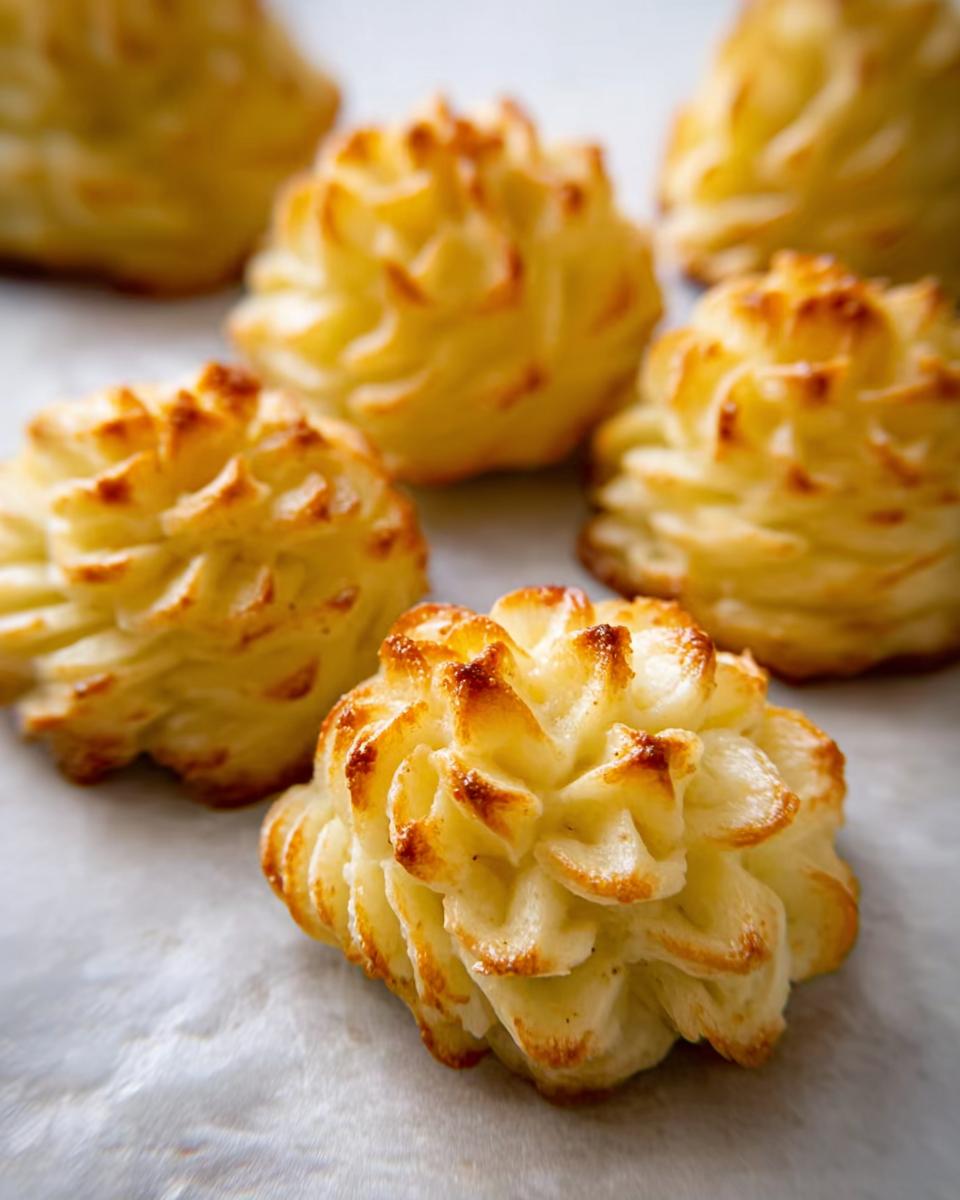 Close-up of perfectly piped and baked Duchess Potatoes with golden brown, crispy edges.