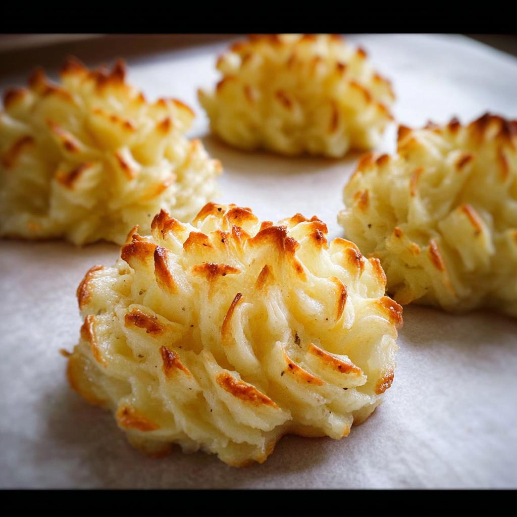 Close-up of perfectly piped and baked Duchess Potatoes showing crispy, golden-brown edges.